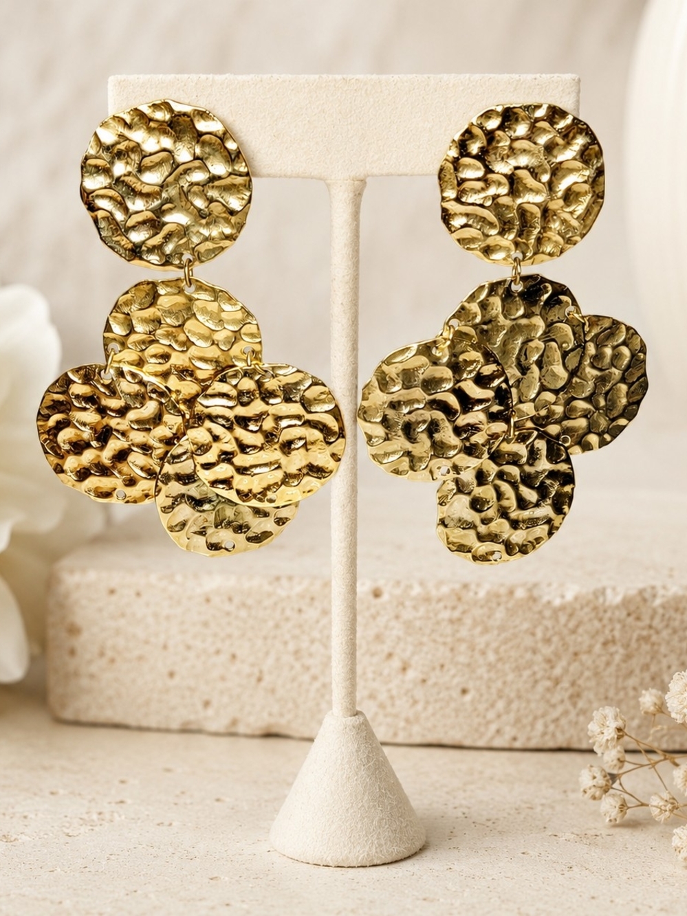 Gold Tone Hammered Disc Dangle Earrings Statement Boho Earrings Large Textured